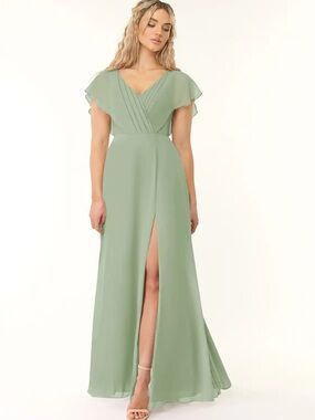 Azazie Sage Green V-Neck Flutter Sleeve Gown NWT